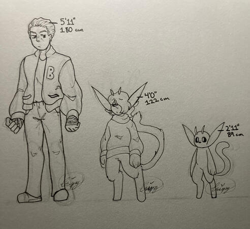 Drawings of my character, Azalea [the two on the right], compared with the height of Jacket from Hotline Miami [left].