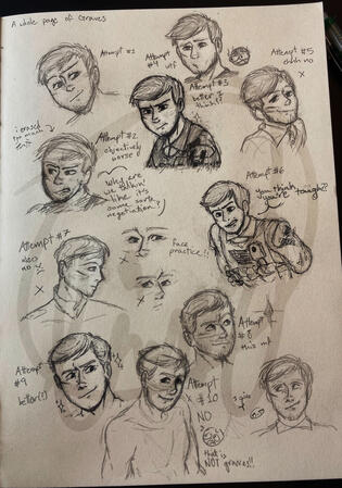 A full page filled with doodles of Phillip Graves from CoD:MWII. Made as practice.