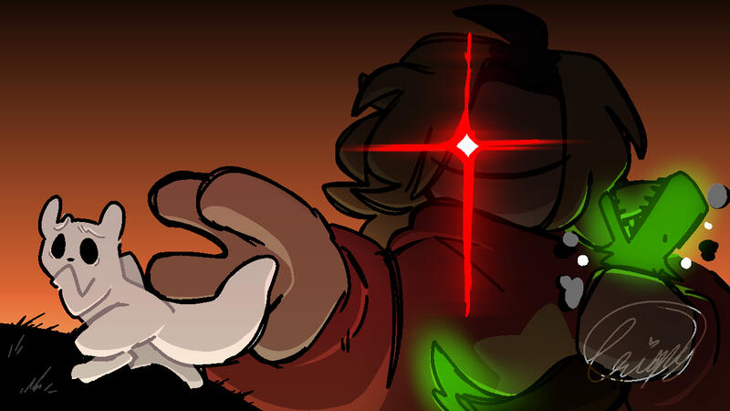 A drawing of me clutching a green lizard and reaching out to grab a slugcat.