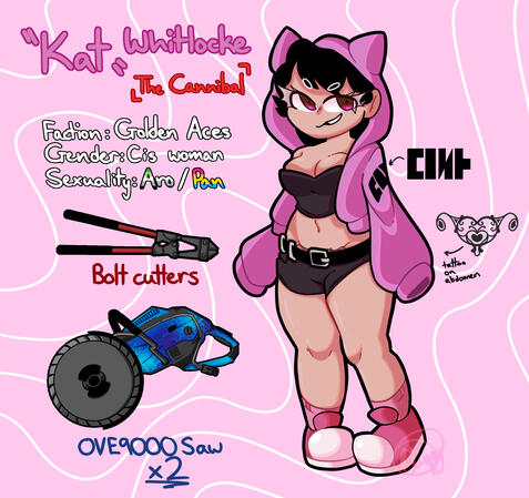 A reference sheet for one of my PAYDAY 3 OCs, “Kat” Whitlocke